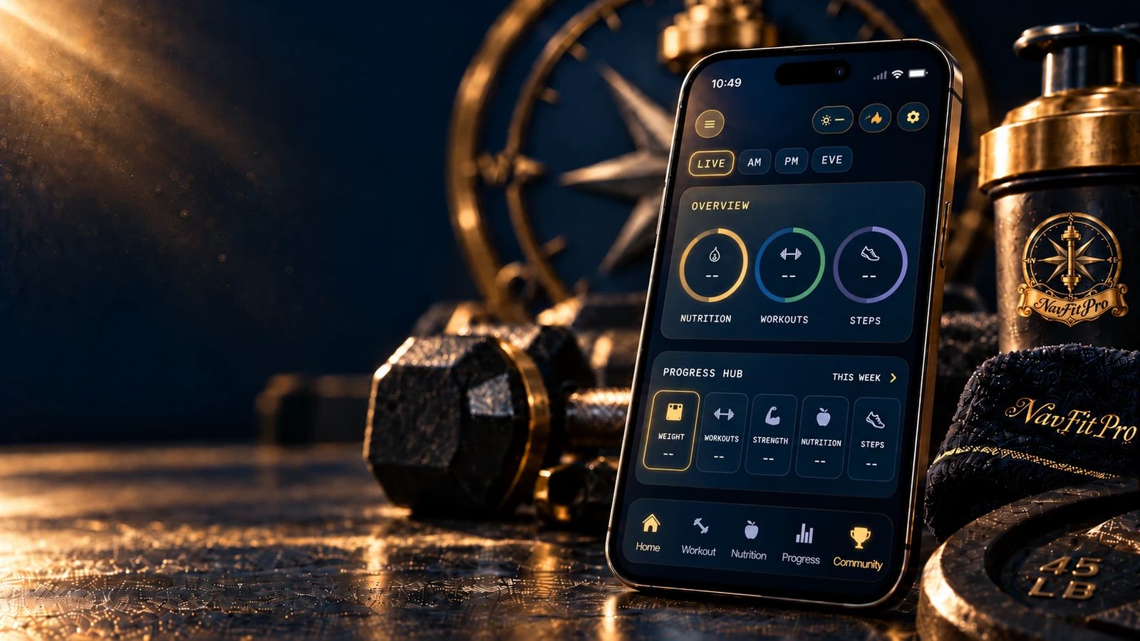 NavFit Pro app on an iPhone beside gold dumbbells and a compass