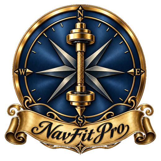 NavFit Pro logo: a gold compass and dumbbell
